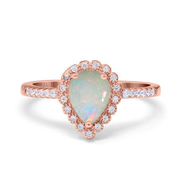 14K Rose Gold 0.17ct Teardrop Pear Halo 8mmx6mm G SI Natural White Opal Diamond Engagement Wedding Ring Size 6.5